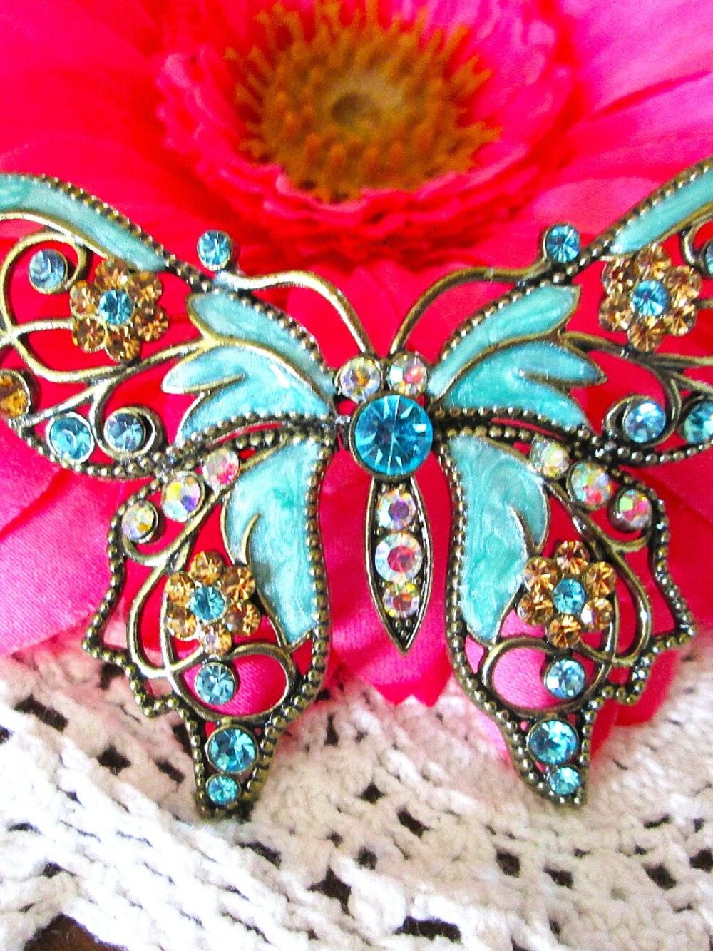 Vintage Avon Butterfly Brooch rhinestone and shimmery green enamel circa 1980's
